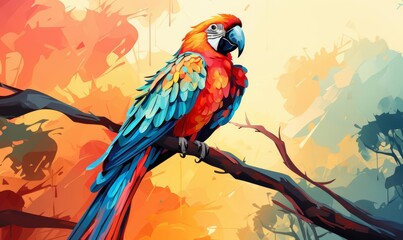 Parrot clinging sideways on a branch flat design top view tropical rainforest cartoon drawing colored pastel