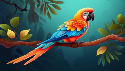 Obraz premium Parrot clinging sideways on a branch flat design top view tropical rainforest cartoon drawing colored pastel
