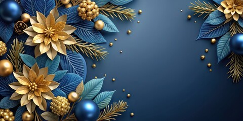 Elegant Christmas design featuring blue and golden flowers with space for custom text, Christmas, elegant, design, blue