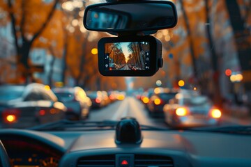 Modern dashboard camera in a car, view of road during driving