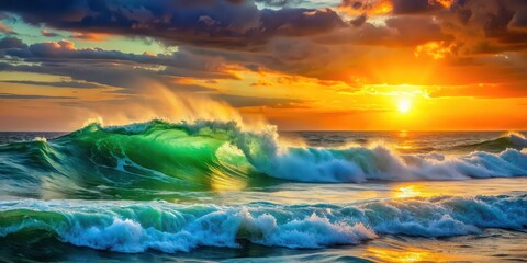 Fototapeta premium Green blue ocean splashing wave in front of orange sunset sky background , ocean, wave, water, splashing, green, blue, sunset