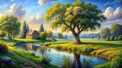 Obraz premium Landscape painting of trees in meadow with river and house in background, landscape, trees, meadow, river, house, painting