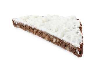 Delicious fresh ricotta (cream cheese) on piece of bread isolated on white