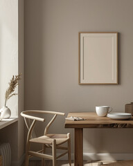 Minimalist Dining Room Mockup: A stylish and inviting dining room setting with a wooden table, chair, and vase of dried pampas grass. Featuring a framed mockup, perfect for displaying artwork.