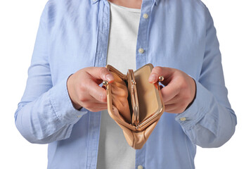 Woman with empty wallet on white background, closeup