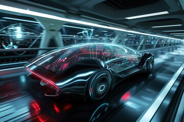 Advanced selfdriving vehicle with glowing elements speeds along a modern tunnel