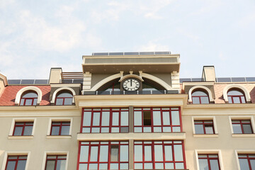 Obraz premium Modern building with glass windows outdoors, low angle view