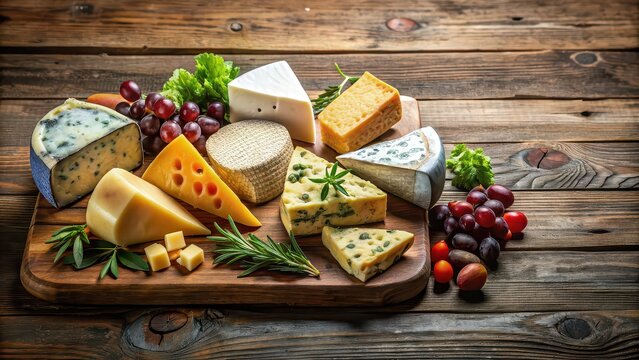 A vibrant display of various cheeses on a rustic wooden board for National Cheese Day celebration, cheese, national cheese day - Powered by Adobe