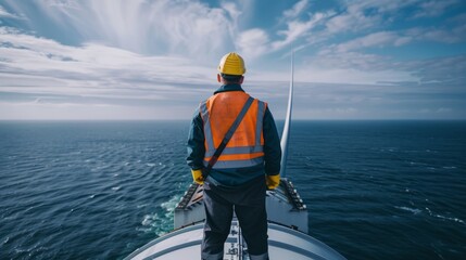 engineer on top of a turbine, with panoramic view of the ocean generative ai