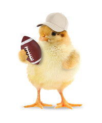 Cute chick with cap and American football ball isolated on white
