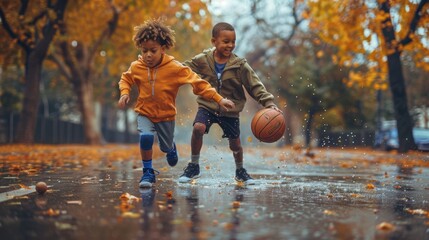 Two young boys running through puddles playing basketball