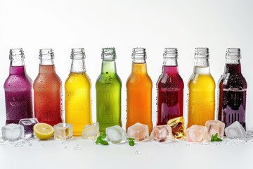 Assorted Colored Bottled Beverages with Ice. Generative AI.