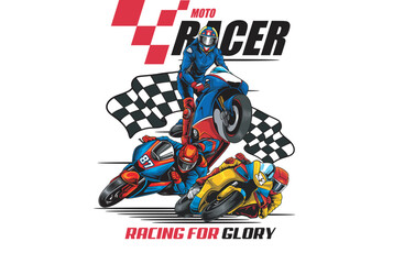 Vector Illustration of Racing Motorcycle and Racing Flags with Vintage Illustration Available for Tshirt Design
