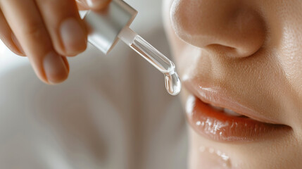 Close-up of a woman applying skincare serum with a dropper to her lips, emphasizing beauty and self-care.