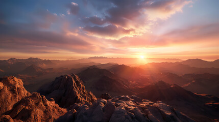 Obraz premium Breathtaking sunset over a rugged mountain range, with the sky ablaze in vibrant colors and the landscape bathed in warm, golden light.