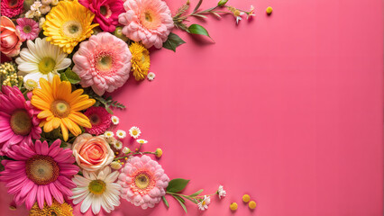 Colorful Flowers on Pink Background with Copy Space