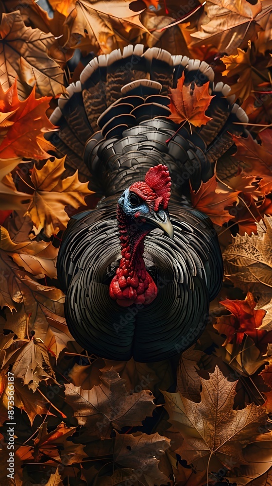 Sticker Solitary Turkey Foraging Through Autumnal Carpet of Fallen Leaves with Regal Plumage