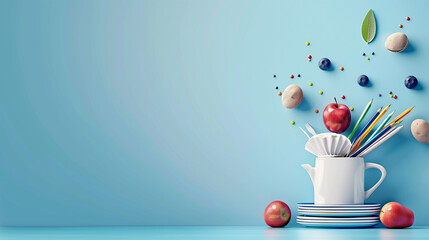 Illustration of a vase with eggs, candle, and flower decorated for various holidays
