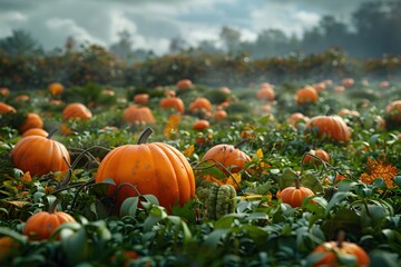 Vibrant Pumpkin Patch in Lush Autumnal Landscape with Scattered Orange Gourds