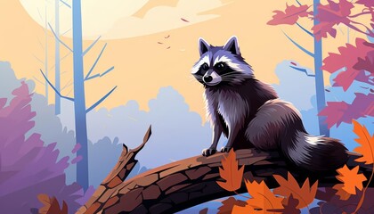 Raccoon perched in a tree flat design front view woodland theme animation Triadic Color Scheme