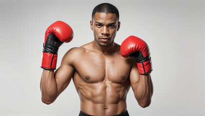 portrait of black American boxer with red gloves, advertising shot, isolated white background