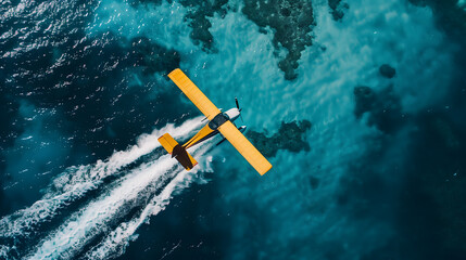 Fototapeta premium Aerial view of a yellow seaplane flying over the blue ocean waters, creating a wake behind it.