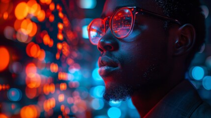 Reflective Man in Neon Lights - Generative AI