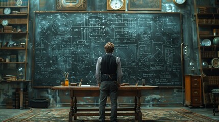 Scientist in a Vintage Lab Studying a Chalkboard with Complex Formulas - Generative AI