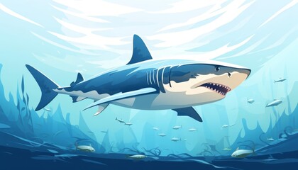 Fototapeta premium Shark gliding ominously flat design front view underwater theme animation Triadic Color Scheme