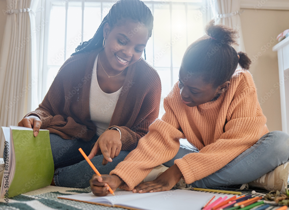 Sticker Girl, writing and homework help with mom for learning, development and drawing book in home. African mama, young daughter and education with art project, color pencil and growth for creative talent