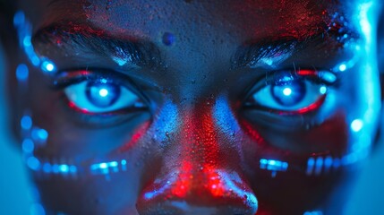 Naklejka premium Futuristic Cybernetic Close-Up with Neon Lights - Generative AI