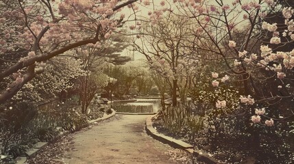 Fototapeta premium Spring garden depicted in vintage photograph
