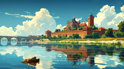 Fototapeta premium Vintage travel poster of Warsaw, flat design of Royal Castle, cultural festivals and vibrant streets,