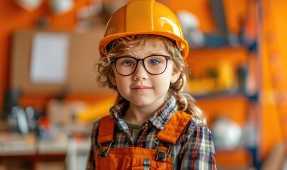 Adorable Child Construction Worker in Hard Hat with Tools on Orange Background with Copy Space