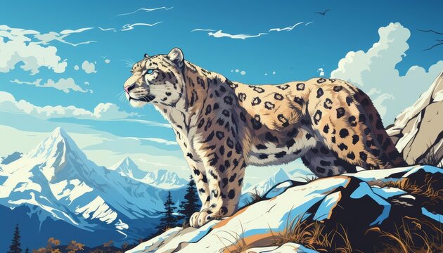 Snow leopard stealthily descending a slope flat design top view mountain theme cartoon drawing vivid