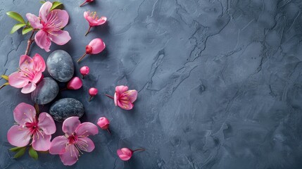 Spa stones and pink flowers on grey background with text space