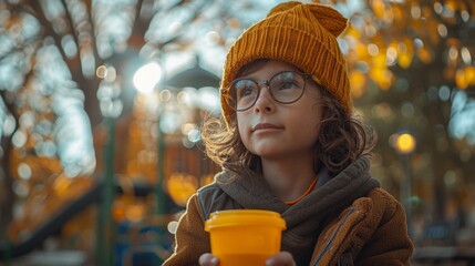 Autumn Child with a Yellow Hat and Cup - Generative AI
