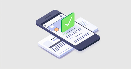 An isometric illustration showing a phone showing a successful payment for bitcoin. There is a green check mark on top of the phone. The background should be a simple light gray to emphasize