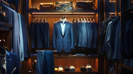 Naklejka premium A Well-Organized Closet with Blue Suits