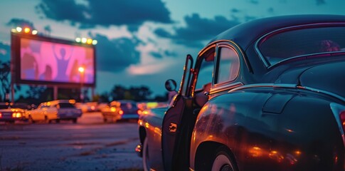 Classic Car Parked at a Drive-In Movie Theater at Dusk