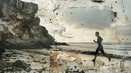 Athlete running on the beach with grunge texture overlay