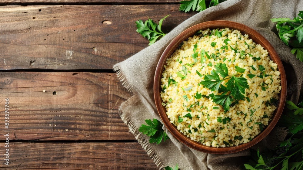 Wall mural tasty bulgur and parsley in a bowl on wooden table top view with text space