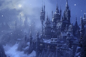 Majestic fantasy castle amidst a snowy landscape illuminated by a full moon