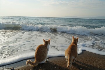 Two ginger cats gaze at the ocean waves on a beautiful beach as the sun sets on the horizon