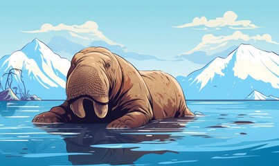 Fototapeta premium Walrus lounging on an ice floe flat design top view arctic theme cartoon drawing vivid