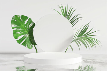Product display podium with water reflection and monstera leaf, bamboo leaf on white background. Mock-up for exhibitions or presentation of eco-friendly products or natural items. 3D rendering
