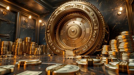 Golden safe in the center of a bank vault, surrounded by money stacks and gold bars.
