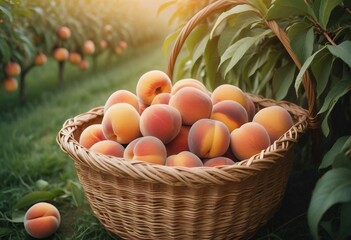organic peaches in freshly picked basket on old wooden table, organic agriculture advertisement, copy space for text
