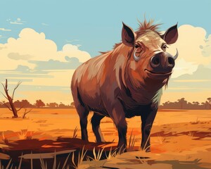 Fototapeta premium Warthog kneeling to graze flat design front view grassland theme animation Triadic Color Scheme