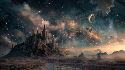 Fototapeta premium A castle built on Mars, a shooting star, and a crescent moon.